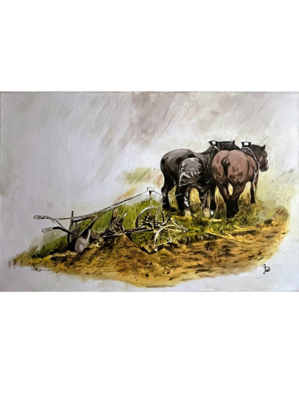 AUTHENTIC FOLK ART OIL PAINTING 1940-50s Netherlands Unframed Signed Farm Scene
